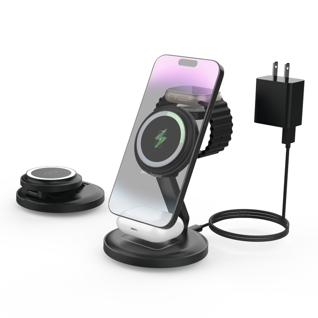 New Arrival 3-in-1 Folding Wireless Charging Desktop Magnetic Wireless Charger Stand Without PD20W US PLUG