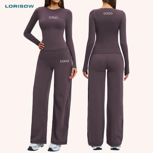 Sportset Huidvriendelijke yogapakken met lange mouwen en elastische losse broek met hoge taille 2-delige sportkleding voor gym en joggen - Product Image 1