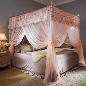 Lit à baldaquin carré en maille polyester avec drap de lit, pliable, pour usage extérieur, pour la maison des enfants, toutes saisons, rose - Product Image 4