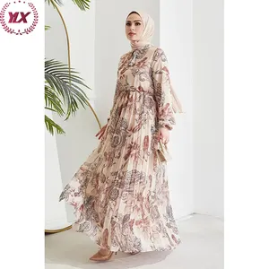 Ekip boyun diğer elbiseler tek boyutu rahat müslüman pilili müslüman kadınlar için yeni puf kollu Abaya elbise