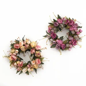 LORENDA 12" HUAN041 home wedding decor dried natural vines base pink silk artificial flowers peony wreath