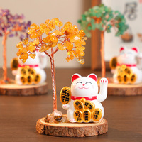 Arbre de la Fortune Chat Porte-Bonheur en Gravier de Cristal Naturel, à Énergie Solaire, à Agitation Automatique, en Résine Époxy Pure Faite à la Main, Décoration Maison et Bureau