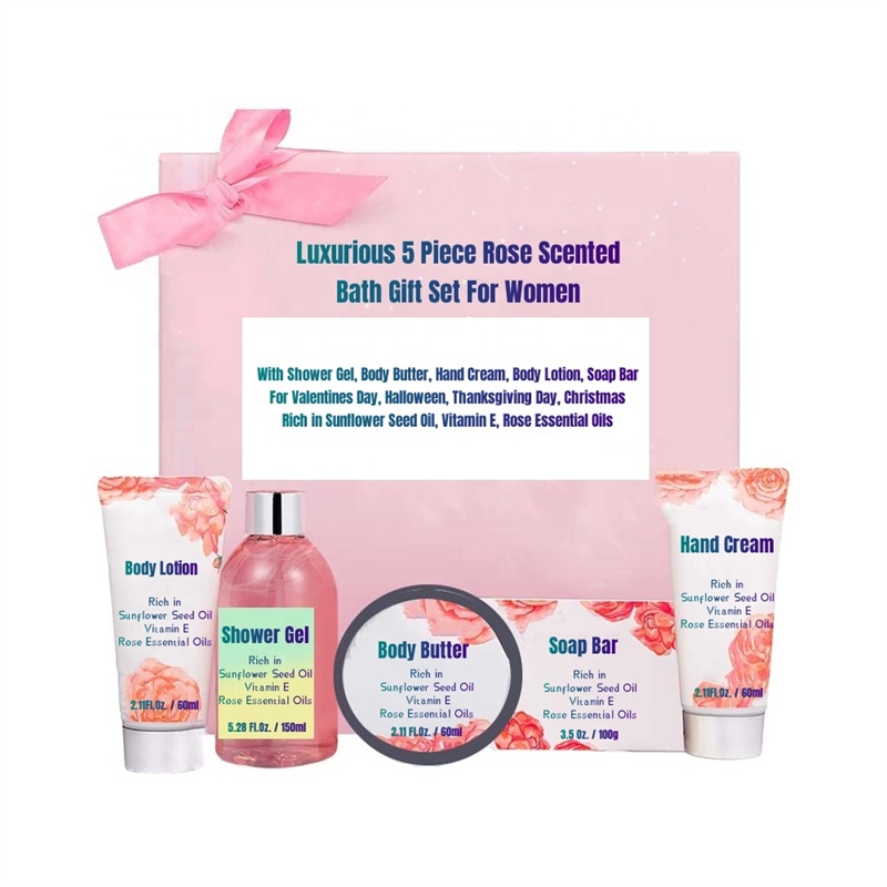 Роскошный набор для ванны с ароматом розы, 5 предметов, подарочный набор для спа для женщин с гелем для душа, масло для тела, крем для рук, лосьон для тела, мыло