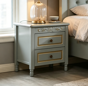 Elegant Gray Modern Farmhouse Style Nightstand with Gold Trim and Carved Details Two-Drawer Design for Bedroom Decor - Product Image 4