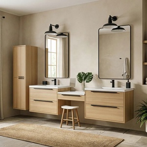 <span class=keywords><strong>Mobile</strong></span> <span class=keywords><strong>Bagno</strong></span> Moderno Sospeso con Doppio Lavabo, Cassetto Centrale per Trucchi, Maniglie a Barra Lunga e Armadietto Alto per Biancheria - Product Image 2