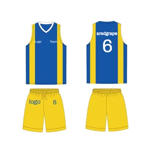 Jersey basket Pro kustom kualitas tinggi desain warna biru kuning emas untuk pria wanita