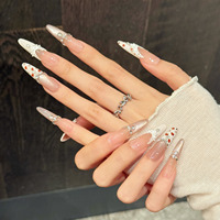 Diseño # 660 # 662 # 675 Uñas Postizas Ovaladas de Almendra, Juego de 10 Uñas Postizas a Presión, Uñas Acrílicas Francesas Hechas a Mano con Perlas, Uñas Postizas de Gel Grueso Personalizadas