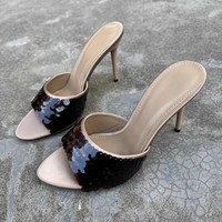 Sandales à Talons Hauts Élégantes pour Femmes, Mules Sexy Pailletées de Soirée pour Dames