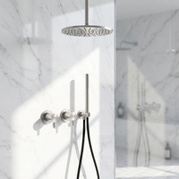 Mitigeur de douche mural de luxe moderne à trois trous en acier inoxydable avec double poignée, fonction pluie, cartouche céramique et barre coulissante