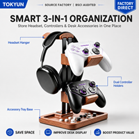 Support pour casque en bois à trois niveaux, organisateur de bureau pour casque de jeu avec plateau de rangement, vente en gros, OEM, ODM, fourniture d'usine