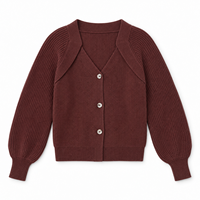 Cardigan en tricot côtelé à col en V pour femme, manches longues bouffantes, boutonné, court, personnalisable OEM/ODM, faible MOQ, logo personnalisé, conception gratuite