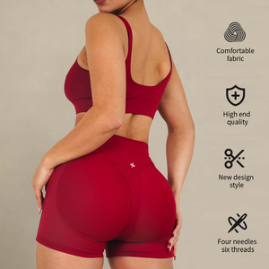 Ensemble de yoga 2 pièces personnalisé pour <span class=keywords><strong>femme</strong></span> : Soutien-gorge de <span class=keywords><strong>sport</strong></span> à larges bretelles en tissu extensible et <span class=keywords><strong>short</strong></span> de yoga <span class=keywords><strong>taille</strong></span> haute froncé aux fesses - Product Image 3