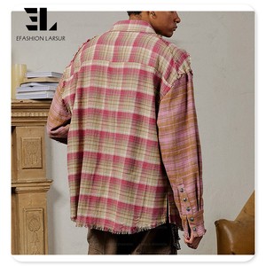 LARSUR <span class=keywords><strong>camicie</strong></span> di flanella in lana/poliestere Plaid con bordi grezzi Patchwork giacca di flanella con bottone da uomo - Product Image 2