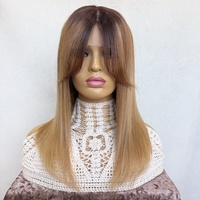 Perruque Lace Front 13x4 sans colle, cheveux humains vierges européens, ombré brun blond, lisse, avec frange frontale, dessus en soie, pour femmes