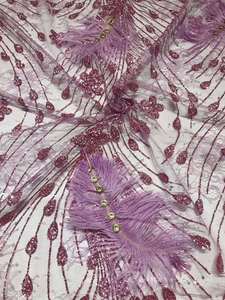 Tissu africain brodé de plumes noires, 1 pièce, Design Floral 3D, Tulle <span class=keywords><strong>français</strong></span>, paillettes, dentelle - Product Image 3