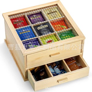 Boîte de rangement pour thé et café en bois massif, organisateur à tiroirs multi-compartiments pour sachets de thé, dosettes de café, utilisation dans le salon - Product Image 1