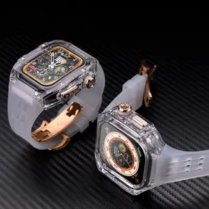 Luxury Glacier Case For Apple Watch Ultra 49mm 45mm 44mm Fluororubber Band For iWatch Series 8 7 6 5 Transparent Mod Kid Strap