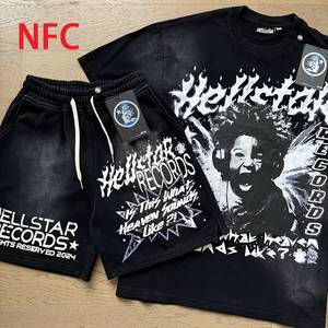 Conjunto de Camiseta Oversize de Algodón Lavado Estilo Hip-hop Streetwear con Efecto Desgastado y NFC Hell Star para Hombre - Product Image 1