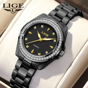 LIGE LG89276 Reloj de cerámica negra para mujer Reloj de pulsera Diamante Cristal Analógico Impermeable Vestido elegante Reloj de cuarzo luminoso - Product Image 1