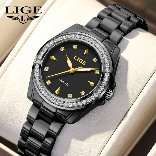 LIGE LG89276 Black Ceramic Watch for Ladies Bracelet Watch Diamond Crystal Analog Waterproof Elegant Dress Luminous Quartz Watch