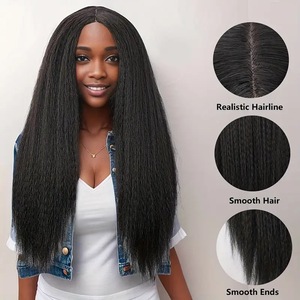 Peluca sintética recta rizada de 30 "de largo, parte media, peluca con malla frontal pequeña sintética italiana Yaki, peluca sintética de pelo de fibra de calor OK - Product Image 3