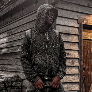 Individuelles <span class=keywords><strong>Logo</strong></span> 100% Baumwolle French Terry Gepardenmuster Herren-Hoodies Kastenförmig Kurz Geschnitten Acid Wash Strass Leopardenmuster Reißverschluss-Hoodie - Product Image 1