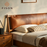 Mid Century Solid Wood Bed Leather Spliced Headboard Rivet Decoration Natural Timber Frame Warm Tone Villa Master Bedroom Bed