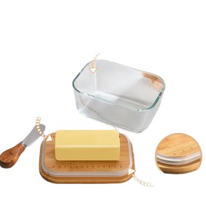 Mantequillera rectangular hermética con tapa abatible, base de bambú natural, vidrio grueso para almacenamiento en la encimera de la cocina. - Product Image 2