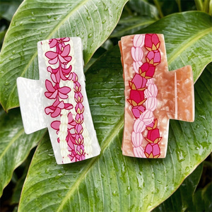Pinza para el <span class=keywords><strong>pelo</strong></span> de acetato Sheila Hawaii con logotipo personalizado, diseño floral <span class=keywords><strong>pastel</strong></span>, pinzas para el <span class=keywords><strong>pelo</strong></span> Ka Lei para marcas de boutique, joyería capilar de alta gama - Product Image 3