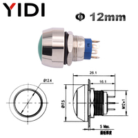 YIDI Bouton-poussoir électronique 12 mm à tête sphérique en métal, 4 broches, LED, momentané ou à enclenchement, interrupteur en alliage, étanche IP65, 2A 36V
