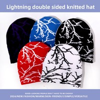 Topi Rajut Jacquard Motif Petir Satu Sisi dengan Hiasan Kancing, Gaya Jalanan - Unisex, Topi Musim Dingin untuk Luar Ruangan, Laris Manis