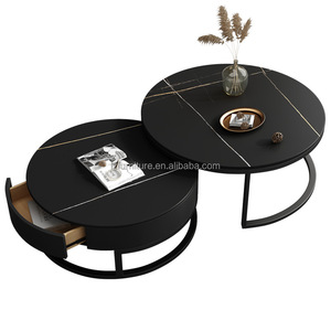 Minimalist Nesting Coffee <b>Tables</b> Marble Stone Look Top Black Frame Hotel Lobby Round Center <b>Table</b> <b>Side</b> <b>Table</b> with Drawer <b>Storage</b> - Product Image 1