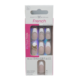 Uñas Postizas con Diseño de Lazo Francés Parisino, Marca Privada, Calidad de Salón, Pretty Woman, OEM ODM, Uñas a Presión, Forma de Almendra, ABS - Product Image 1