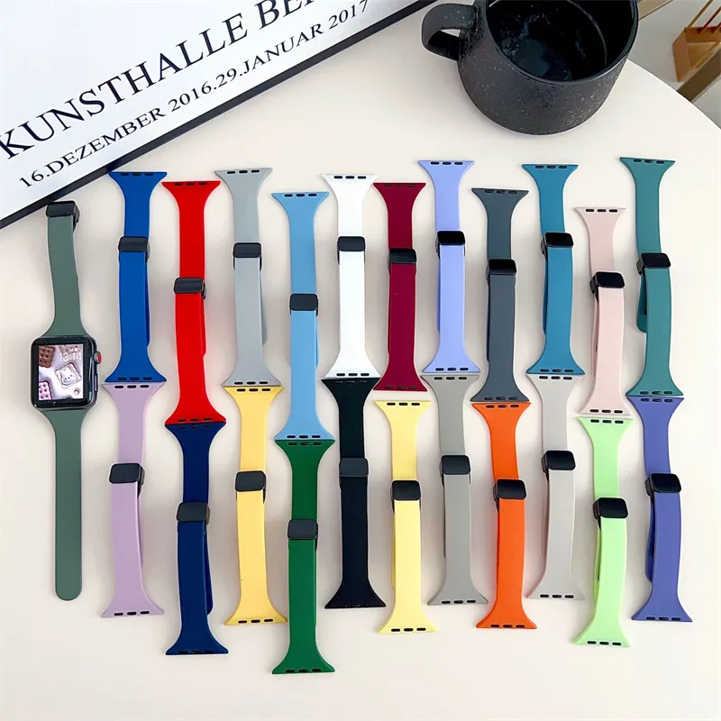Tweekleurige Kleuren Rubber 14Mm Nieuwe Vrouwen Magnetische D Gesp Slanke Siliconen Horlogeband Voor Apple Watch