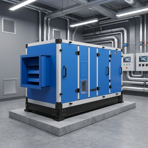 Unidad de tratamiento de aire modular vista frontalmente en una sala de planta industrial moderna para ventilación y aire acondicionado HVAC comercial. - Product Image 1