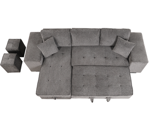Modern Square 3 Seat Reversible Sectional <b>Sofa</b> Set Pull Out Sleeper with Storage Chaise 2 <b>Stools</b> for Apartment Living Room - Product Image 6
