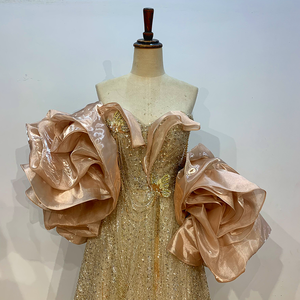 LSMZ04 BlingゴールデンシックイブニングAラインフォーマルパーティー用プロムガウンナチュラルウエストフリルプリーツアンチスタティック - Product Image 2