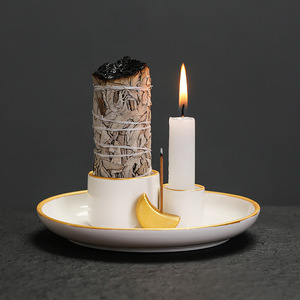 Plateau <span class=keywords><strong>de</strong></span> combustion transfrontalier en céramique pour sauge blanche <span class=keywords><strong>de</strong></span> Californie, design créatif, avec motif Lune Dorée, servant également <span class=keywords><strong>de</strong></span> bougeoir, et accompagné d'une assiette en bois du Pérou - Product Image 2