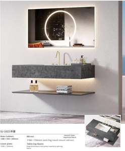 Conjunto de armario de baño de lavabo articulado sin costuras de losa de <span class=keywords><strong>roca</strong></span> estilo hotel moderno acabado de tablero de piedra compuesta LED cobre personalizable - Product Image 6