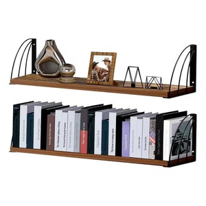 Wooden <b>Wall</b> Mounted Bookshelf With Iron Frame Two Layer <b>Floating</b> <b>Shelf</b> For Home Office Display - Product Image 5
