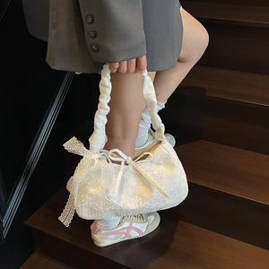 Bolso de hombro con bordado de encaje para mujer, con cordón y lazo, asa fruncida, elegante bolso de mano para uso diario - Product Image 4