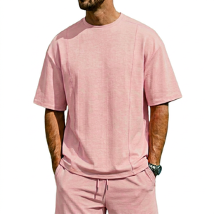 Conjunto de Camiseta y Pantalones Cortos Casuales de Algodón Rosa para Hombre, Cuello Redondo, Color Sólido, Transpirable, Corte Holgado, Ropa de Verano - Product Image 1