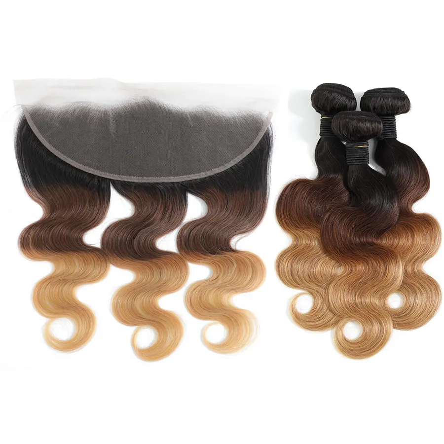 Malaysian Hair 1B/4/27 Color Ombre Hair Body Wave Bundles With Lace Closure Ombre Human Hair Bundles With Frontal And Closure