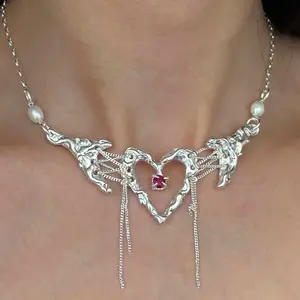 Colar de strass com borla de amor francês personalizado, colar leve e luxuoso feminino com pingente líquido doce e legal, joia da moda