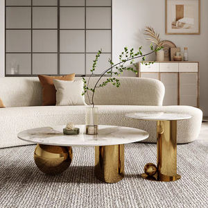 Luxe moderne salontafelset, ronde salontafel van gouden gesinterd steen, onderstel van roestvrij staal voor de woonkamer. - Product Image 1