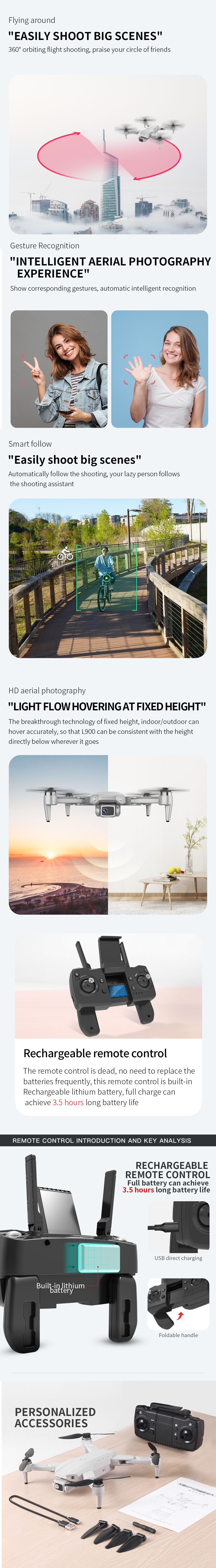 L900 Pro Drone, rechargeable remote control can achieve hours long battery life usb direct charging