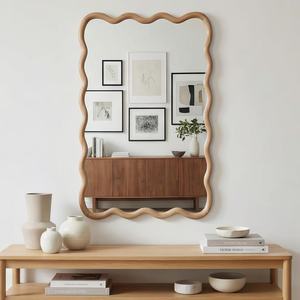 Natural Wood Color 20x30 Wavy <b>Rectangle</b> Solid Wood Frame Decorative <b>Mirror</b> <b>For</b> Bedroom Bathroom Living Room Entryway - Product Image 2