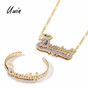 Fashion Stainless Steel Custom Name Cuban Double Plate Necklace Bracelet <strong>Set</strong> Crown Initial Braided <strong>Bangle</strong> Women Jewelry <strong>Set</strong> - Product Image 1