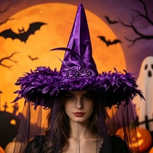 Nuovo Cappello da Strega di Halloween con Decorazione in Piume, Bicolore Nero e Viola, Accessorio per Trucco e Cosplay - Product Image 2