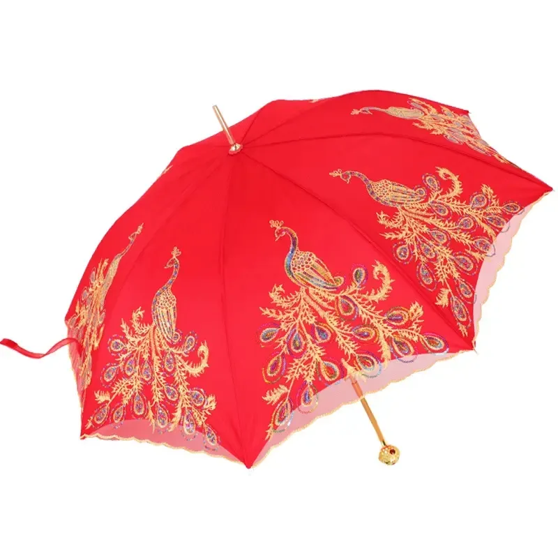 DD1785 Retro Gifts Umbrellas Wedding Celebration Straight Long Handle Lace Embroidery Red Marriage Bride Umbrella